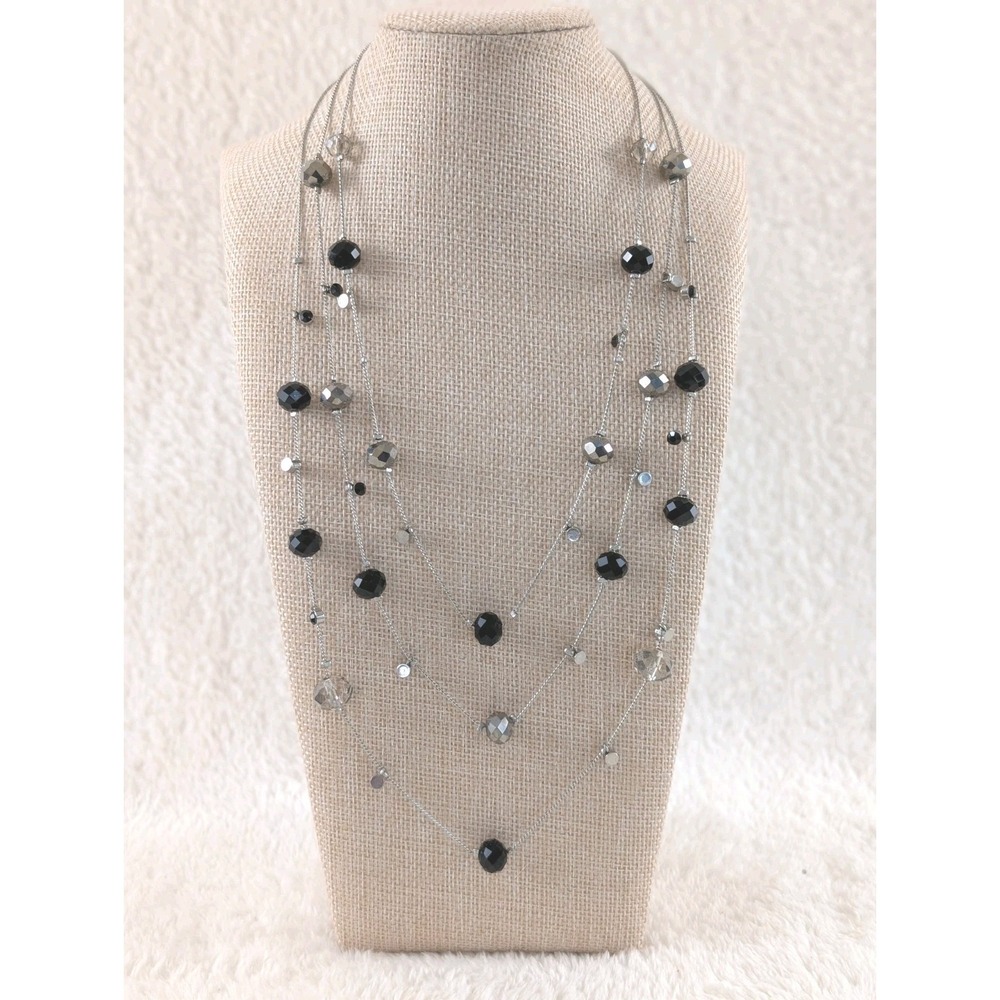 Express Silver Tone Multi Strand Necklace Black Crystal Beads Logo Charm - Picture 2 of 4